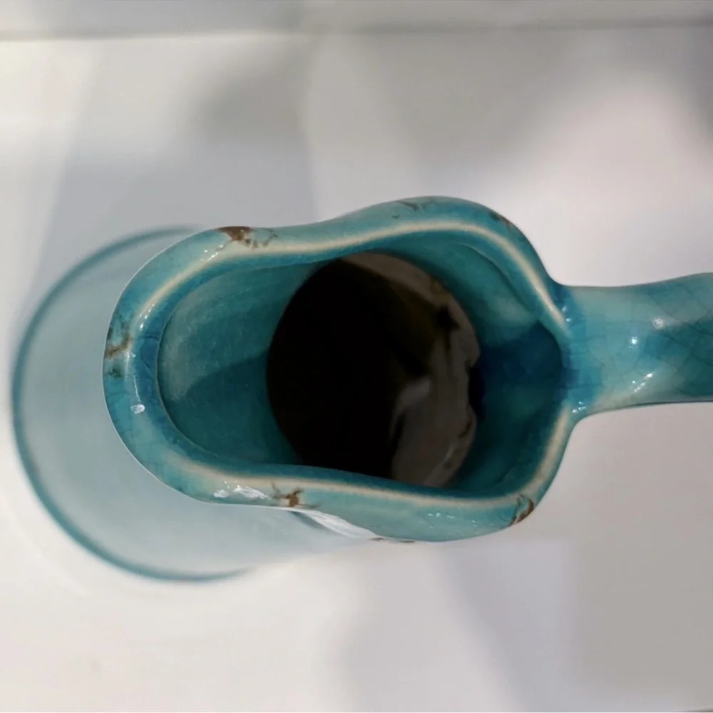 Vintage Pottery Vase Pitcher Water Jug Rustic Antique Glaze Turquoise Blue Green
